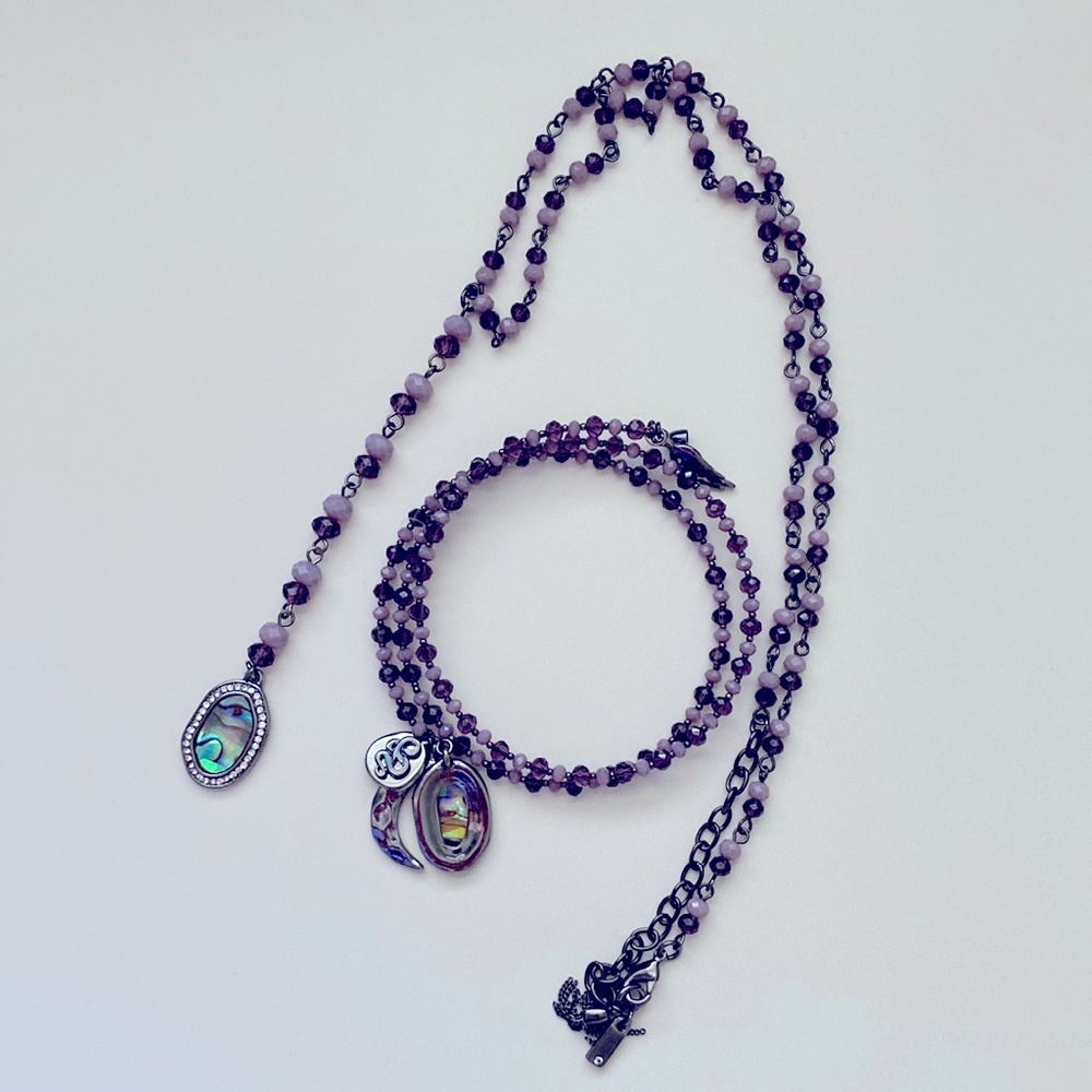 💜CRYSTAL BEADED Necklace & Bracelet Set in Smoky Purple with iridescent charms - Picture 1 of 6
